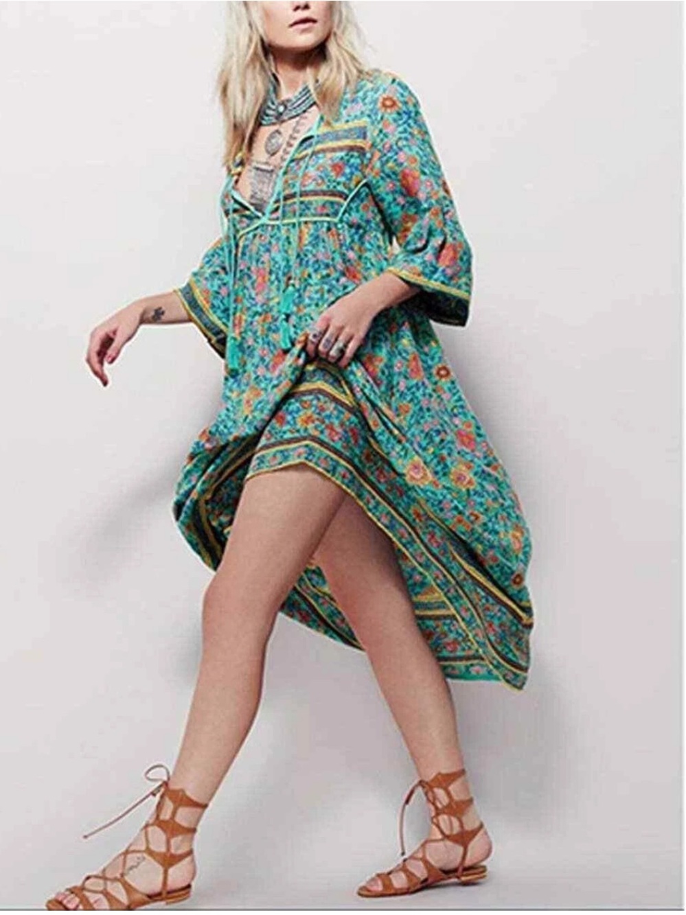 R.Vivimos Boho Floral Tassel Midi Dress Teal Pink Cottagecore Size M